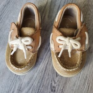 Sperry topsider sparkley 3mo baby shoes leather upper tan and gold glitter